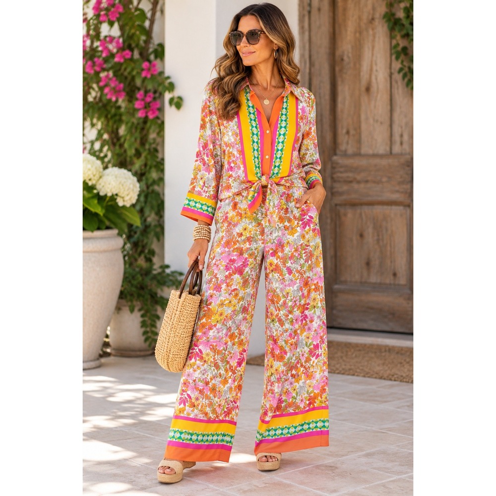 Floral & Ivy Floral Print 2 Piece Set Tie Front Top Wide Leg Pull On Pants S/M